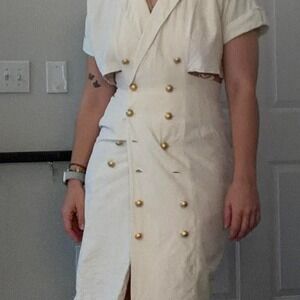 Vintage Carmen Marc Valvo Ivory Silk Cutout Military Midi Dress Size 10